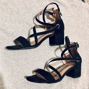 Black strappy block sandals